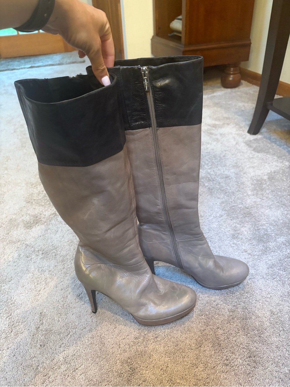NEW Marc Fisher Two-Tone Gray and Black Knee-High Leather Stiletto Heeled Boots